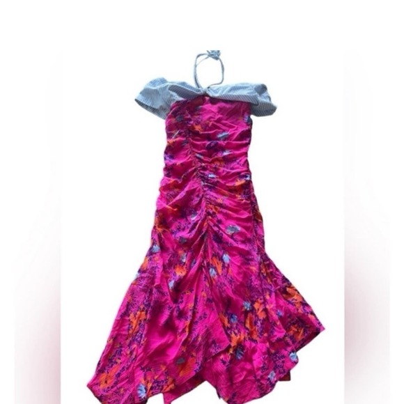 TANYA TAYLOR Virginia Ruched Silk Off the Shoulder Dress Midi‎ - Picture 10 of 12